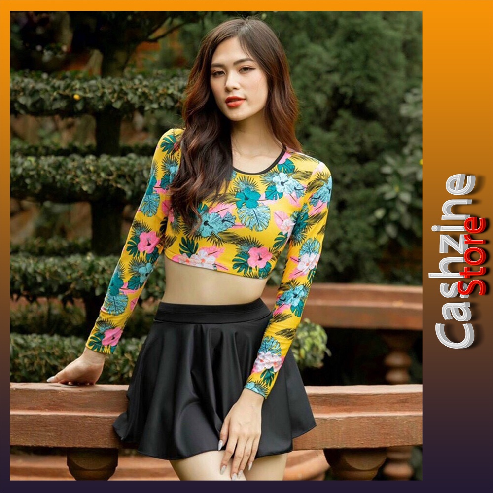 Bikini đi biển 2 mảnh kín đáo - Đồ bơi nữ tay dài váy xòe - Áo bơi croptop họa tiết hoa xinh freesize (45-58kg)
