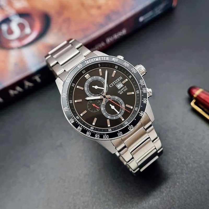 ĐỒNG HỒ NAM CHÍNH HÃNG Citizen AN3600-59E Quartz Black Dial Chronograph Silver Stainless Steel