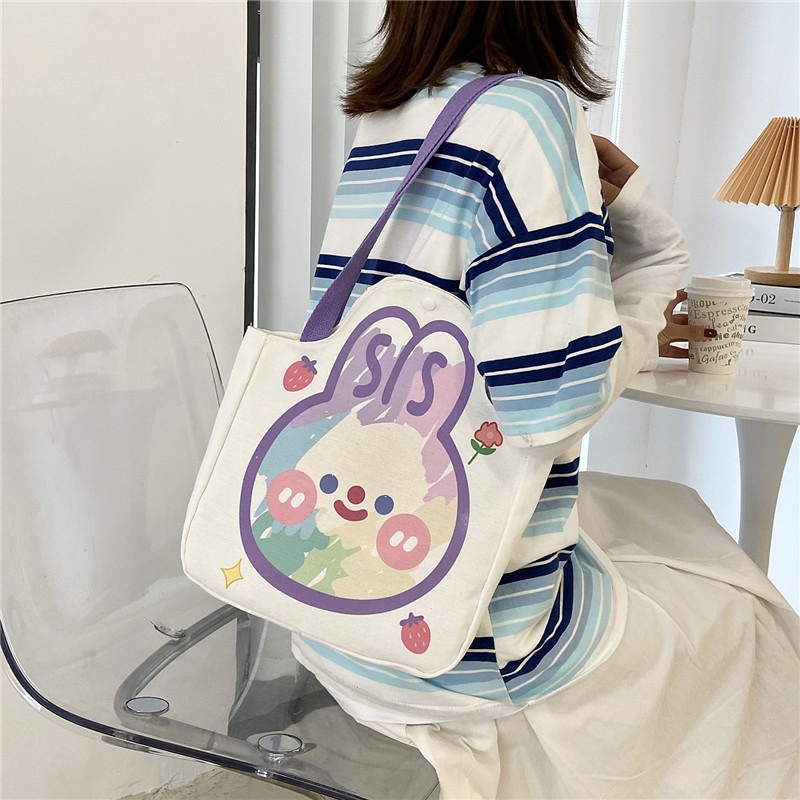 Túi Tote vải Canvas mềm phong cách thời trang in hình Thỏ cỡ lớn