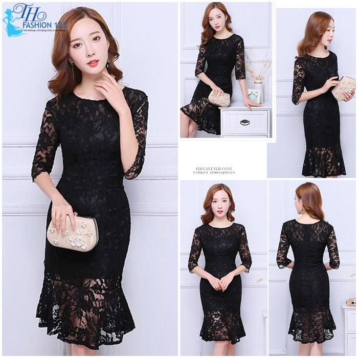 Đầm nữ váy đầm dáng ôm ren cao cấp cổ tròn tay lỡ màu đen