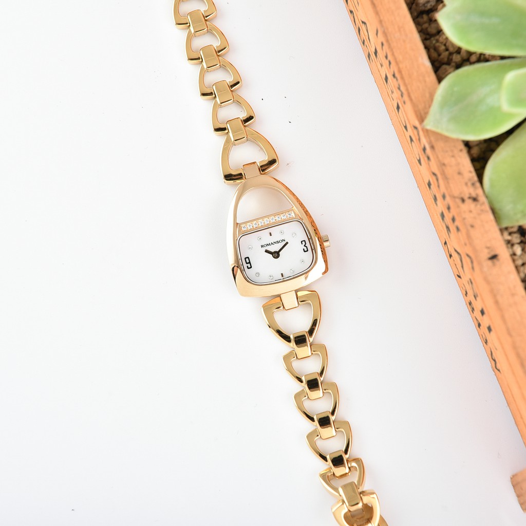 Đồng hồ Romanson Watch RM1207QLGWH nữ mặt nhỏ đính đá kính chống xước máy Thụy Sĩ chống nước dây thép cao cấp chính hãng