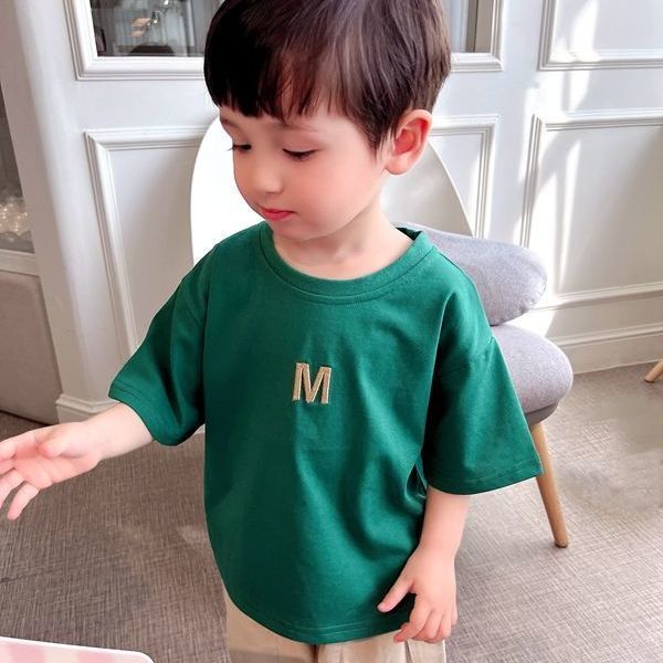 Áo Thun Cotton Tay Ngắn Cổ Tròn Thêu Chữ Đơn Giản Thời Trang Mùa Hè Cho Bé Trai