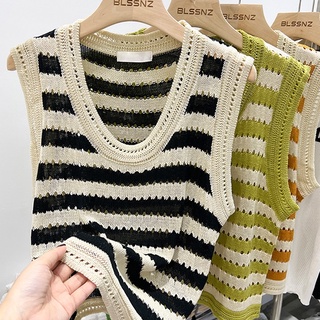 Áo len nữ kẻ ngang, áo len mỏng ba lỗ croptop kẻ nữ cổ tròn kiểu hàn quốc form rộng