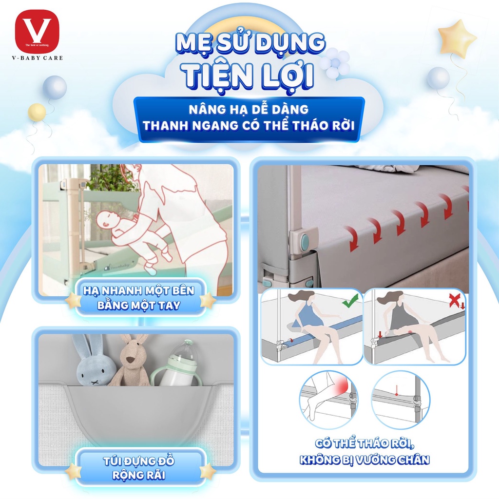 Thanh Chắn Giường Nhật Bản V-BABY NV02 & N1S 2024 Nâng Hạ 1 Bên (1 THANH CHẮN 1 MẶT)