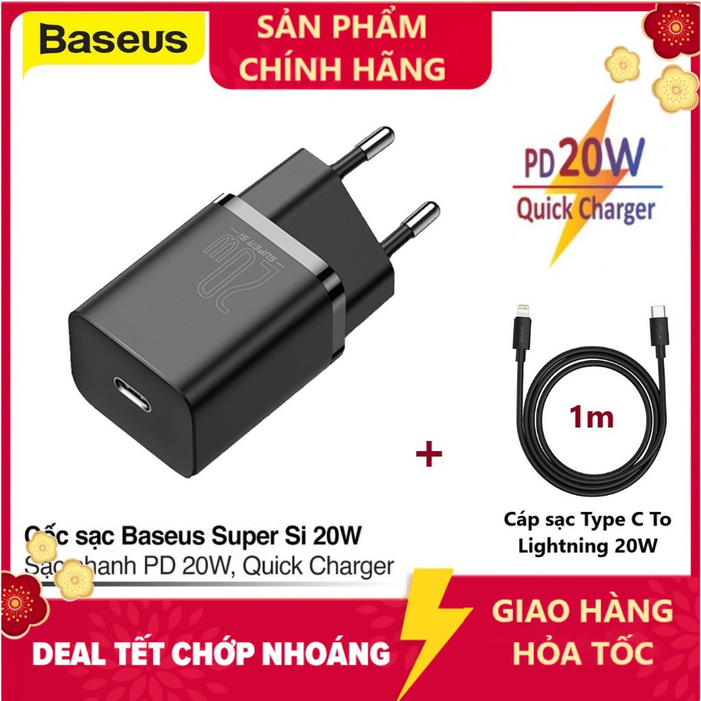 COMBO Cốc Sạc Nhanh Baseus 20W Super Si Mini USB C Hỗ Trợ QC3.0 PD Cho iPhone 12 / dây sạc 20W  - Hàng chính hãng