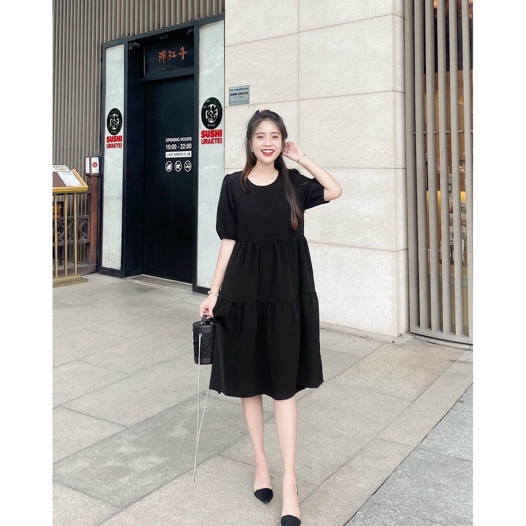 Đầm babydoll dáng dài midi váy xòe tay ngắn 2 màu trắng đen cổ điển