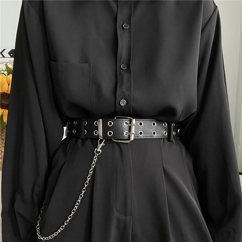 Thắt Lưng Hai Hàng Lỗ Phối Dây Xích Phong Cách Hiphop Đường Phố Trẻ Trung Cho Nam