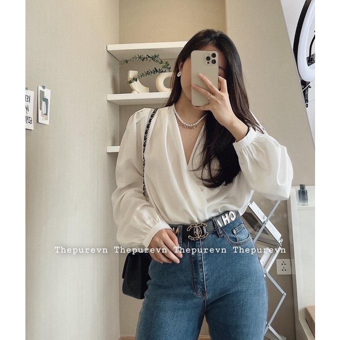 ANU766 - ÁO SƠ MI NỮ LỤA TẰM CỔ V LI VAI DÀI TAY