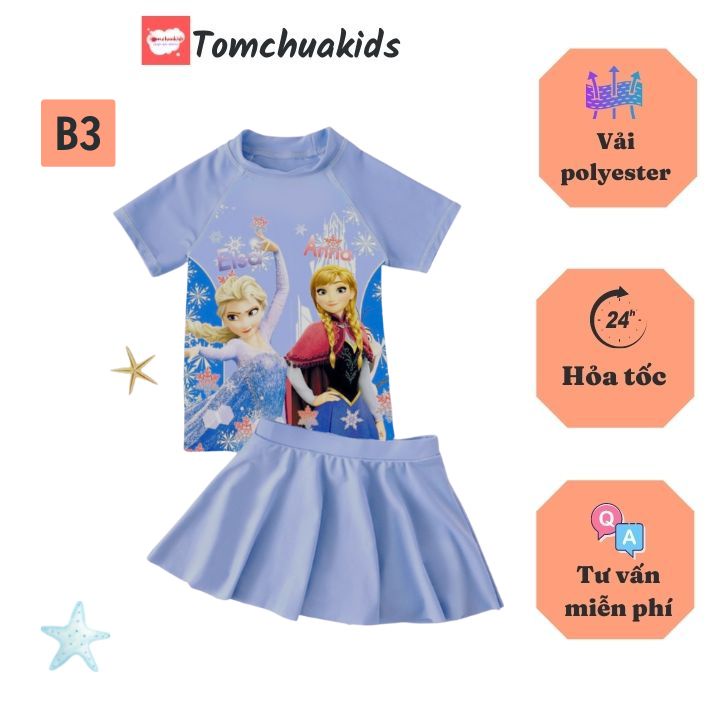 Đồ bơi bé gái tay ngắn hình elsa 11-40kg, quần giả váy tạo cảm giác tự tin- thoải mái - Tomchuakids