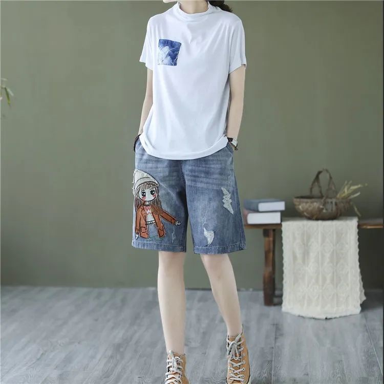 Quần Short denim Lưng Thun Thêu Họa Tiết Mẫu Mới Thời Trang Mùa Hè Cho Nữ