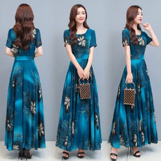 Váy đầm hoa nữ 2021 cách tân trung niên và cao tuổi thời trang ngắn tay size lớn slim-fit dài tính khí <