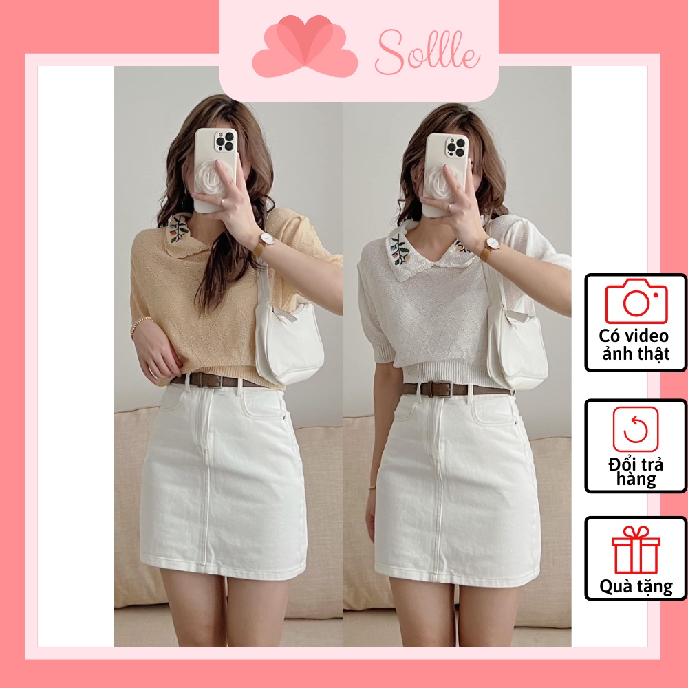 Áo len lưới mỏng ngắn tay cổ sen thêu hoa nổi cách điệu trắng kem vintage Hàn Quốc Sollle