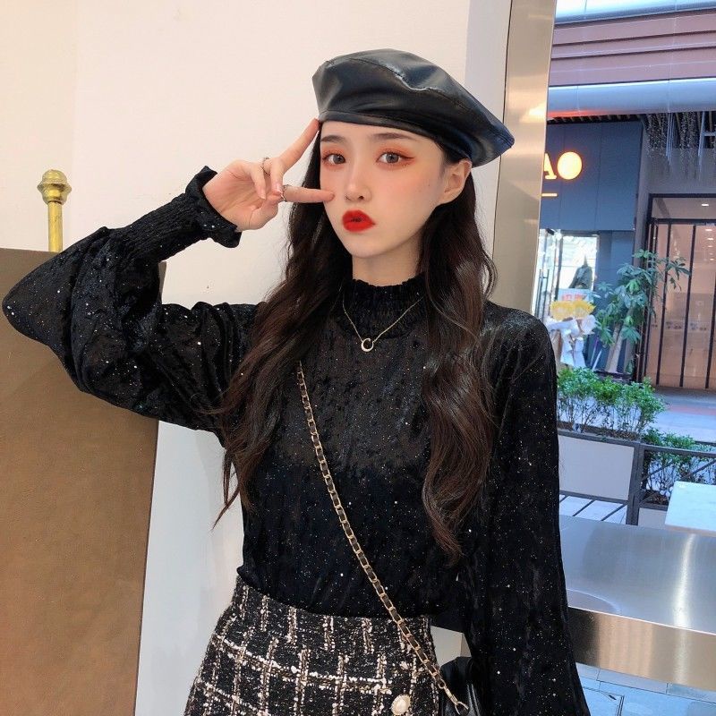 Áo nhung tay dài cổ cao xếp ly đính kim sa lấp lánh phong cách Hàn Quốc mới cho nữ