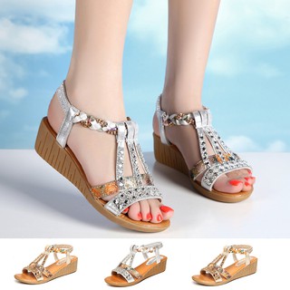 Dép sandal nữ đế xuồng đính pha lê phong cách Bohemia đi biển