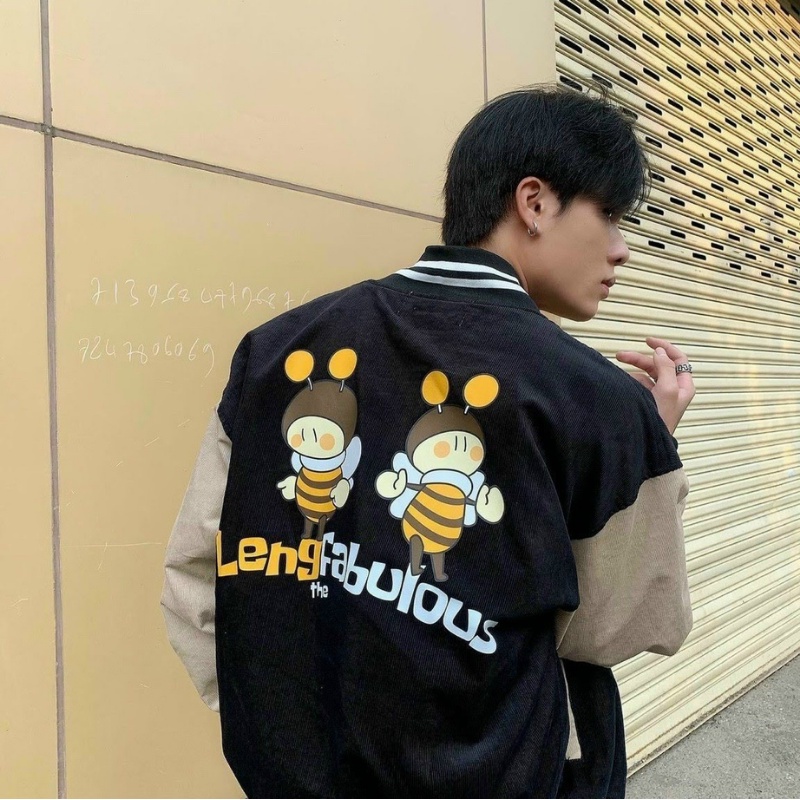 Áo khoác bomber unisex nam nữ áo khoác nhung tăm form rộng in hình ong dễ thương