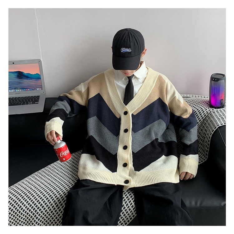 Áo cardigan nam oversize, áo khoác len nam dáng rộng phối màu trẻ trung