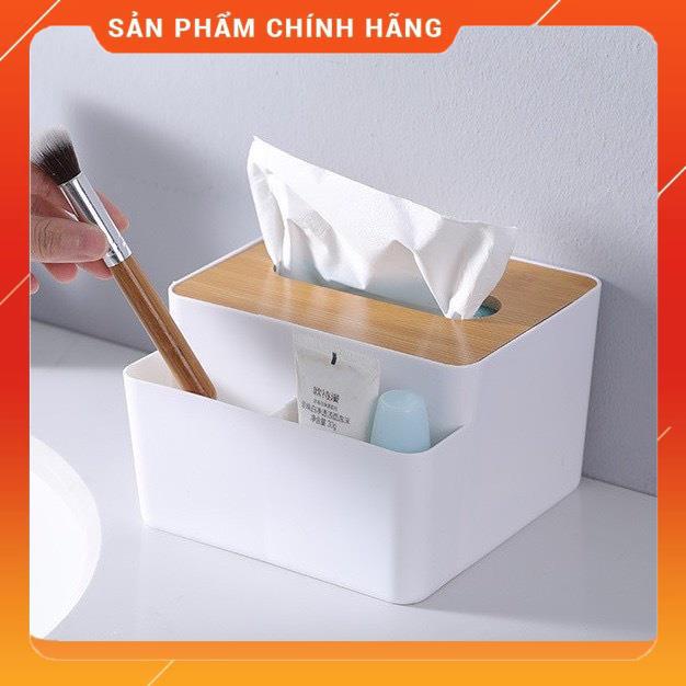 Hộp Đựng Giấy Vuông, Hộp Đựng Giầy Ăn 2 Ngăn  Để Bàn Cao Cấp Đựng Đồ Thông Minh Nắp Gỗ Decor