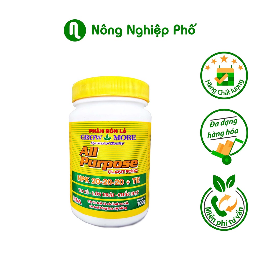 LỌ 100GRAM - PHÂN BÓN LÁ CAO CẤP GROWMORE ALL PURPOSE 20-20-20