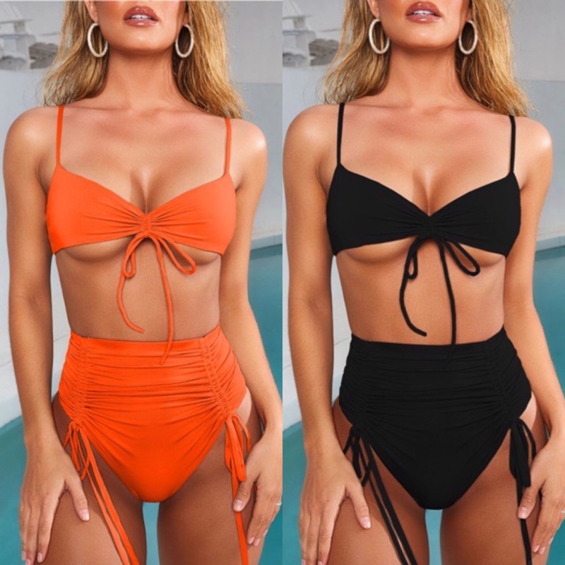 [BKN401] &lt;ÂU&gt; SET BIKINI ĐEN/CAM NEON QUẦN THONG/LỌT KHE (CẠP CAO)