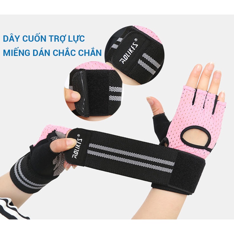 Găng Tay Nửa Ngón Tập Gym, Tập Tạ Tích Hợp Quấn Cổ Tay Aolikes AL113B (1 đôi) - Chính Hãng