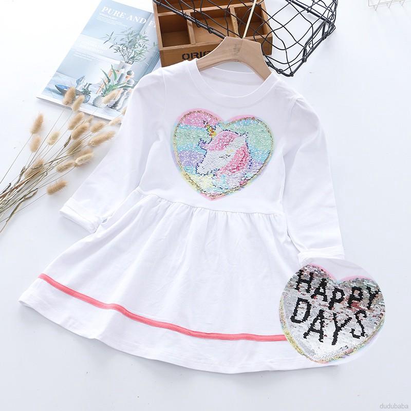 Đầm dài tay họa tiết hoạt hình cho bé gái từ 3 đến 8 tuổi