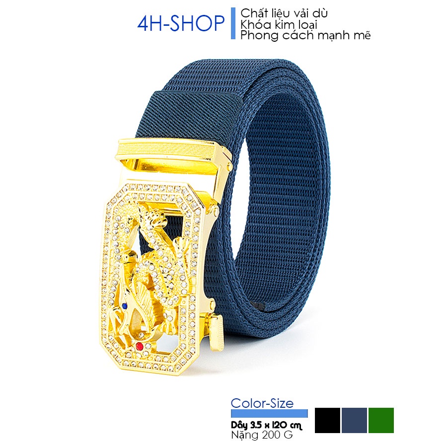 Thắt lưng nam vải dù , khóa kim loại mạ vàng hình rồng thần nhả châu chỉnh dây tự động 4 x 8 cm dây 3.5 x 120 cm.