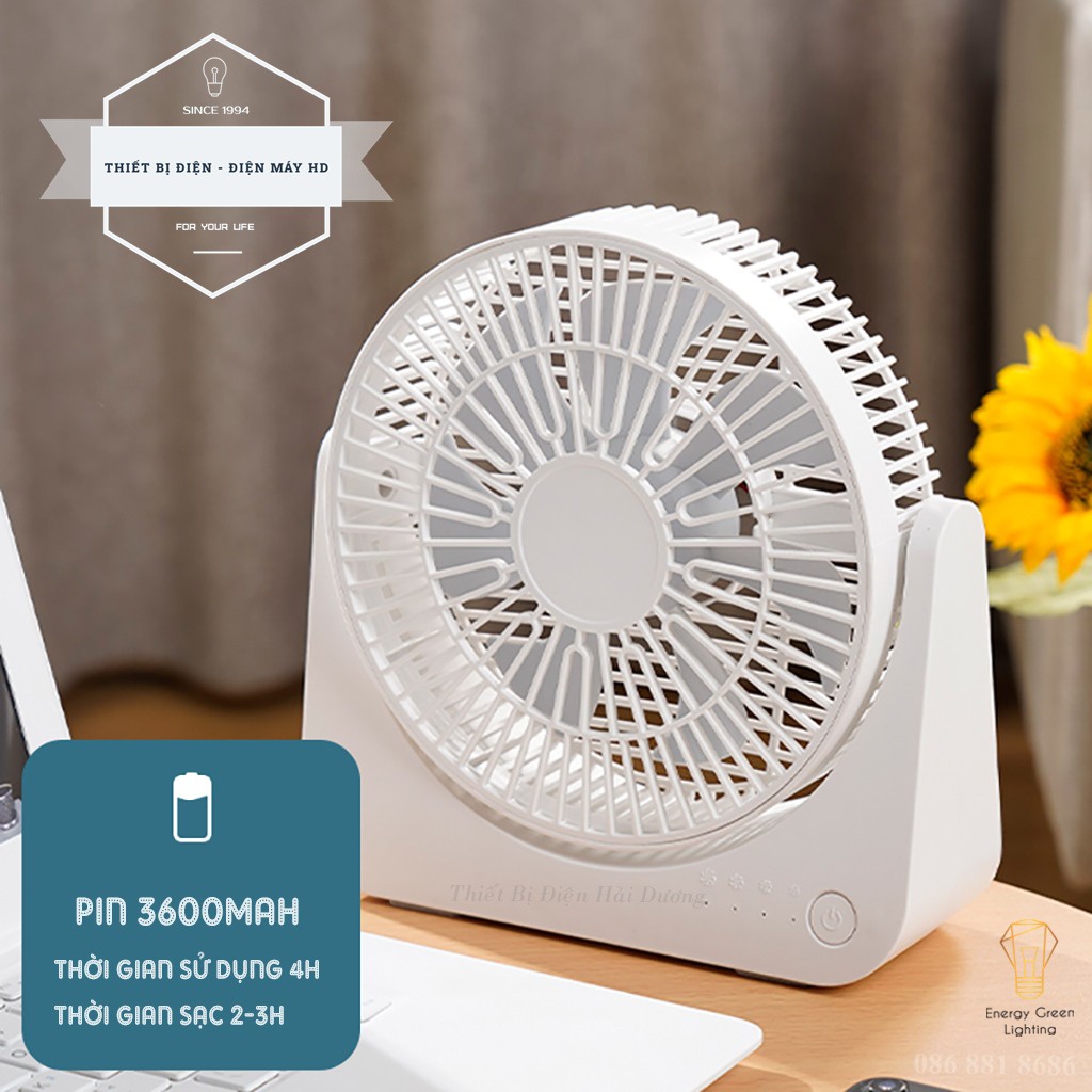 Quạt Tích Điện Để Bàn F4 - 4 Tốc Độ Gió - Pin 3600mAh Siêu Khỏe - Lật Lên Lật Xuống 90 Độ - Bảo Hành 1 Năm - Có Video