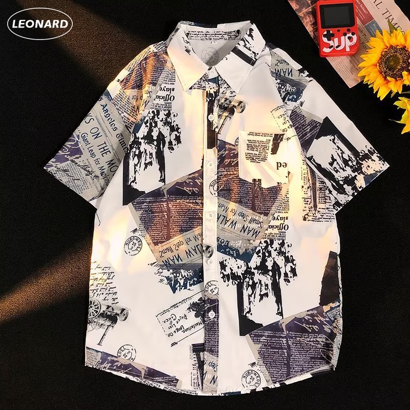 Áo Sơ Mi Tay Ngắn Dáng Rộng In Hình Tờ Báo Phong Cách Vintage Hàn Quốc Cỡ Lớn 8XL Cho Nam