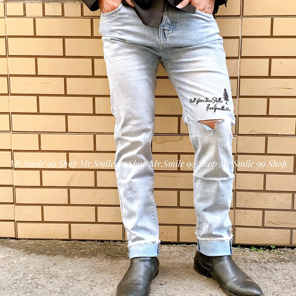QUẦN JEAN NAM 6090 WAX PHỐI CHỮ THÊU ULZZANG FORM SKINNY FIT CO GIÃN MR SMILE 99 SHOP
