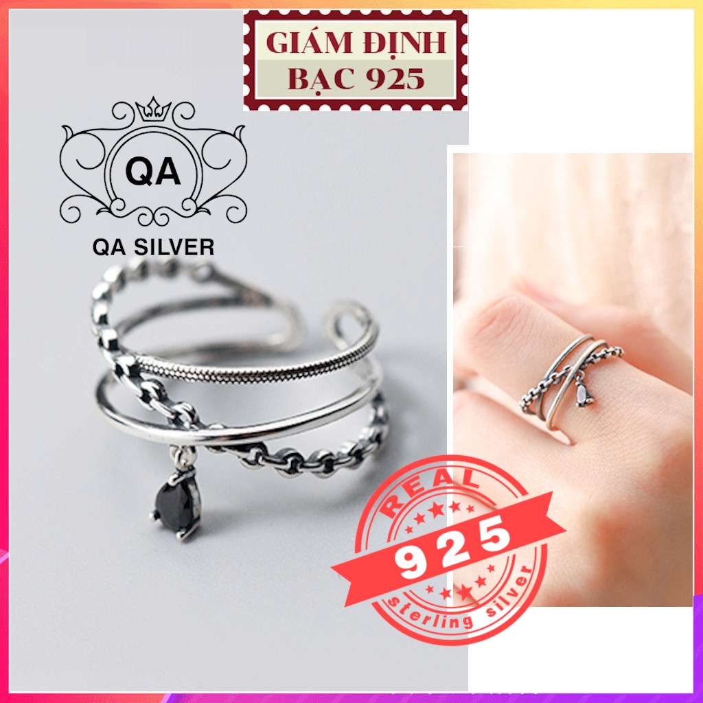 Nhẫn bạc thái nữ 2 tầng mặt đá đen nam nữ S925 LAYER Silver Ring QA SILVER RI190101