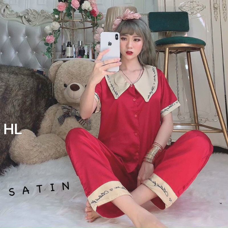 Bộ đồ ngủ pijama lụa satin ,đồ mặc ở nhà cộc tay quần dài cổ lá tiểu thư xinh xắn ,mềm mịn