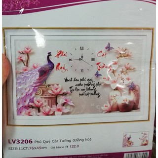 Tranh thêu chữ thập phú quý cát tường đồng hồ kích thước 76 x 49 cm