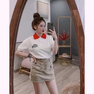Anu859 - áo polo nữ cộc tay trắng cổ đỏ thêu cá sấu