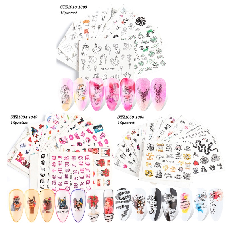 Set 16 Miếng Dán Móng Tay Tự Dính Họa Tiết Hoa Hồng Lá 3D Tương Phản Cho Nữ