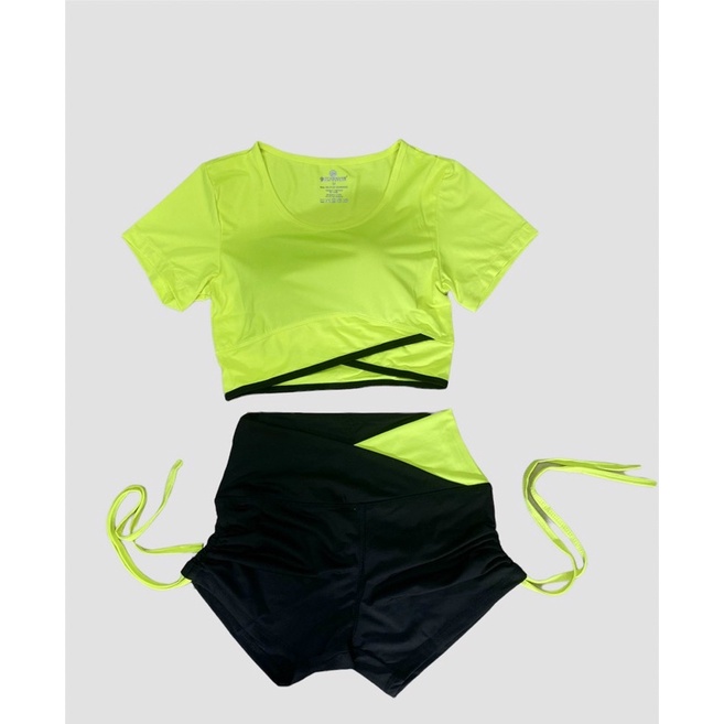 Set bộ đồ tập áo croptop vạt chéo quần đùi rút dây cạp V phối màu tập gym,yoga,nhảy Zumba, aerobic,đi bơi đi biển nữ