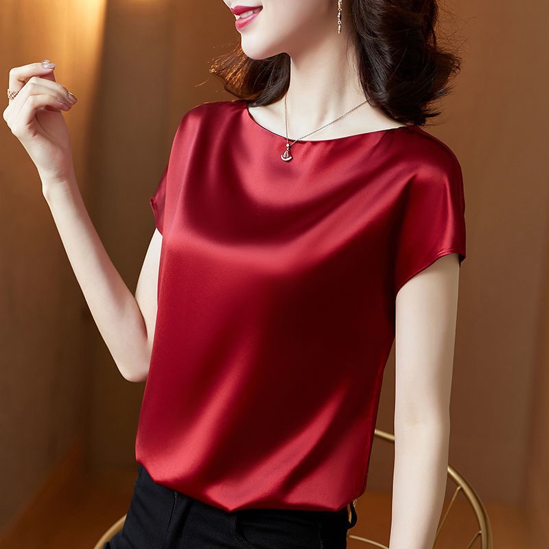 Women Fashion Silk T-shirts Solid Short Bat Sleeves Draped Collar T Shirt 2021 Spring Summer Chic Top  Plus Size Office Lady Shirts