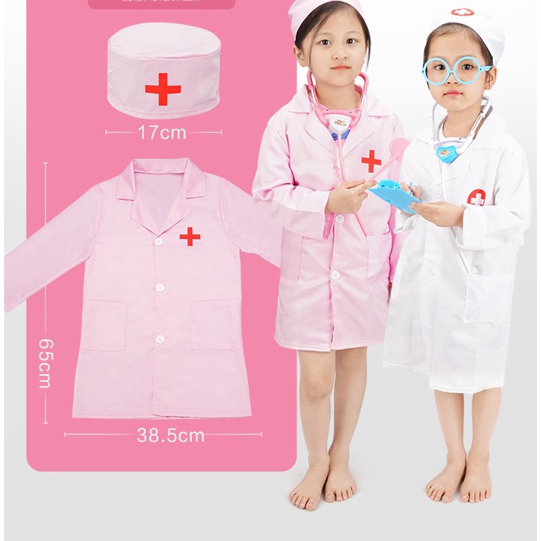 Áo bác sĩ màu hồng, màu trắng cho bé, bán kèm đồ chơi bác sĩ