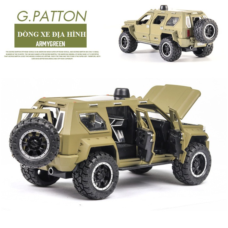 Mô hình hợp kim xe quân sự chống bạo động SUV Patton 4 bánh lớn, tỉ lệ 1:24, tích hợp đèn,  âm thanh