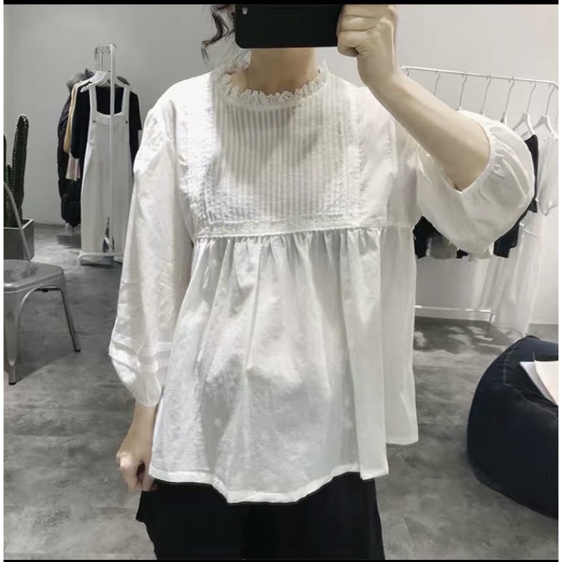 Áo sơm mi babydoll ren cổ tay lỡ , sơ mi tay lỡ phối ren babydol 25021 ( video ảnh thật)
