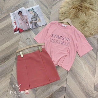 SET HỒNG ÁO pull đính kim sa mix CHÂN VÁY
