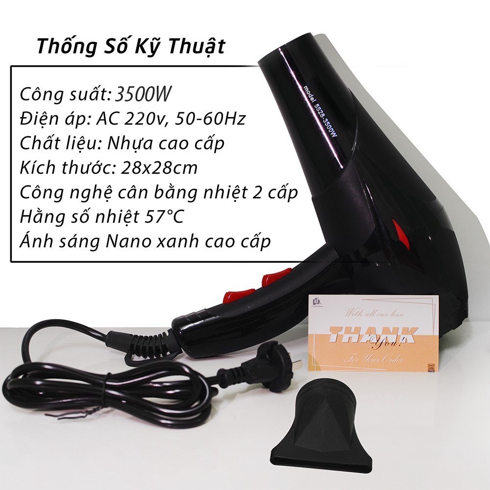 Máy Sấy Tóc Model 5528, Công Suất Lớn 3500W BẢN XỊN (Có ánh sáng NaNo bảo vệ tóc,giúp tóc khô nhanh)