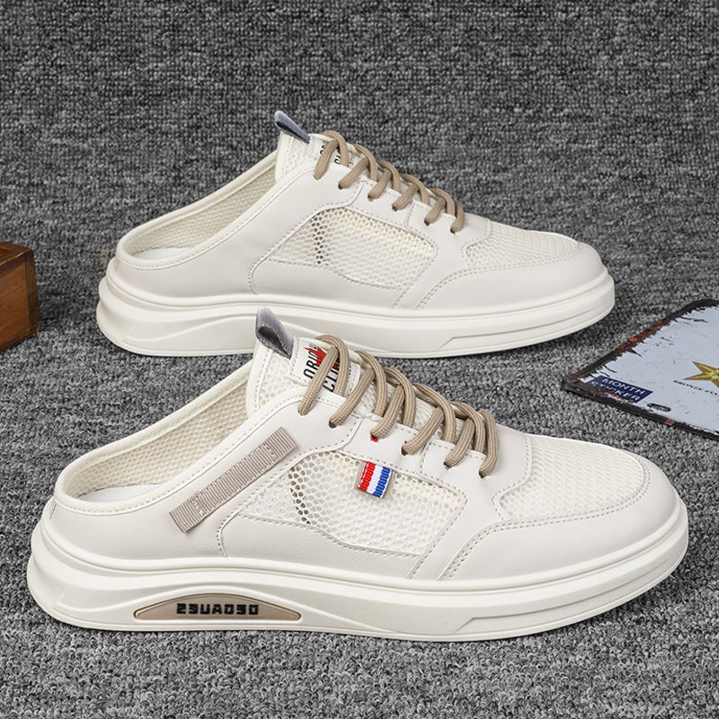 Giày Thể Thao Bằng Da Màu Trắng Không Gót Dễ Phối Đồ Cho Nam