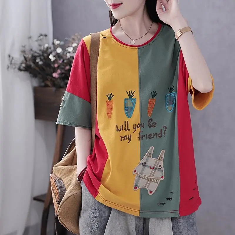 Áo Thun Cotton Nguyên Chất Dáng Rộng Tay Ngắn Cổ Tròn In Họa Tiết Màu Sắc Thời Trang Mùa Hè Phong Cách Hàn Quốc Cho Nữ C8581