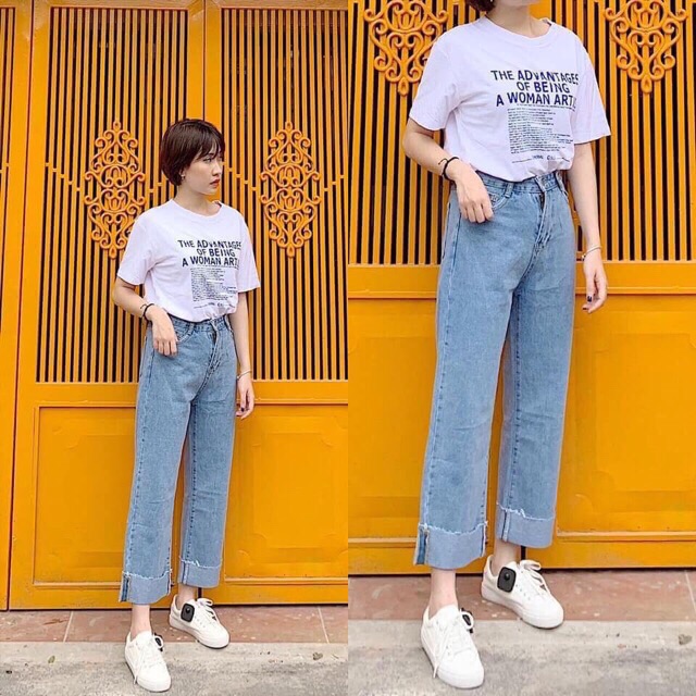 Quần culottes baggy jeans ống rộng lật lai lưng cao ulzzang