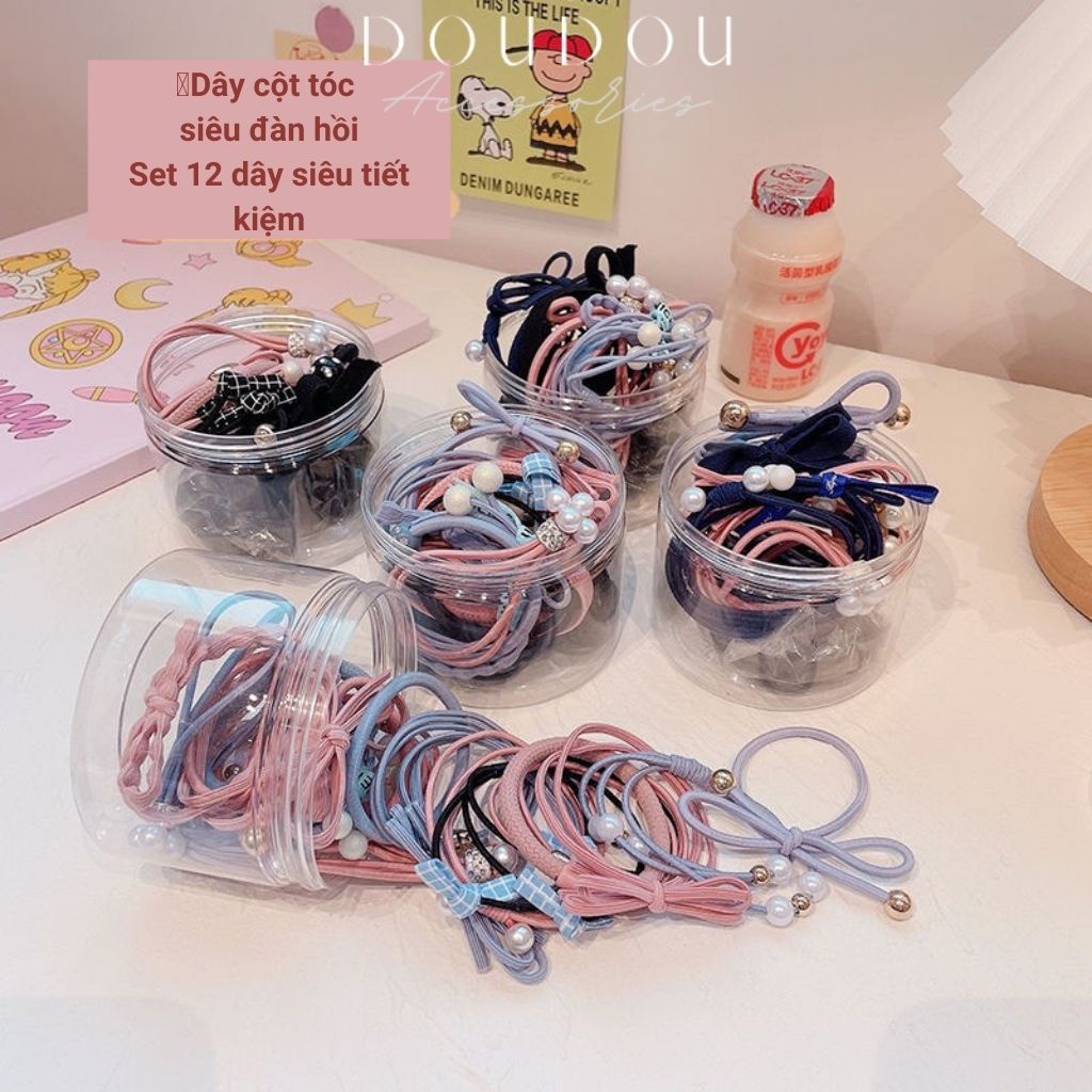 Hộp 12 dây chun buộc tóc DOUDOU Dây cột tóc nữ nhiều màu gam kẹo ngọt xinh xắn phong cách Hàn Quốc thời trang PJ011