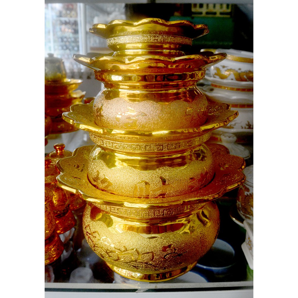 Lư hương thờ cúng kim sa vàng-có khay hứng tàn nhang