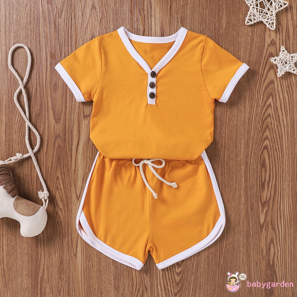Set Áo Thun Ngắn Tay + Quần Short Buộc Dây Màu Trơn Hợp Thời Trang Cho Bé