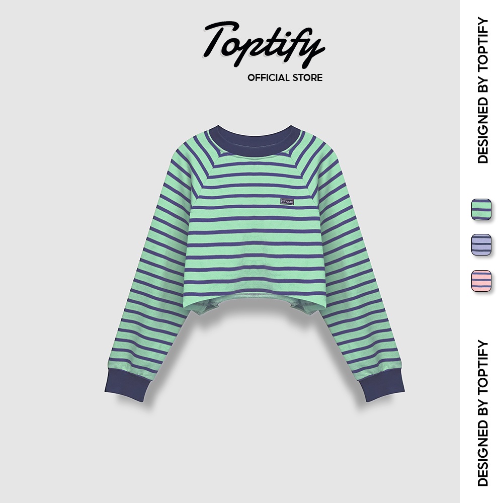 Áo sweater lửng TOPTIFY kẻ sọc đính logo chất cotton cua dày dặn Greater Power Top