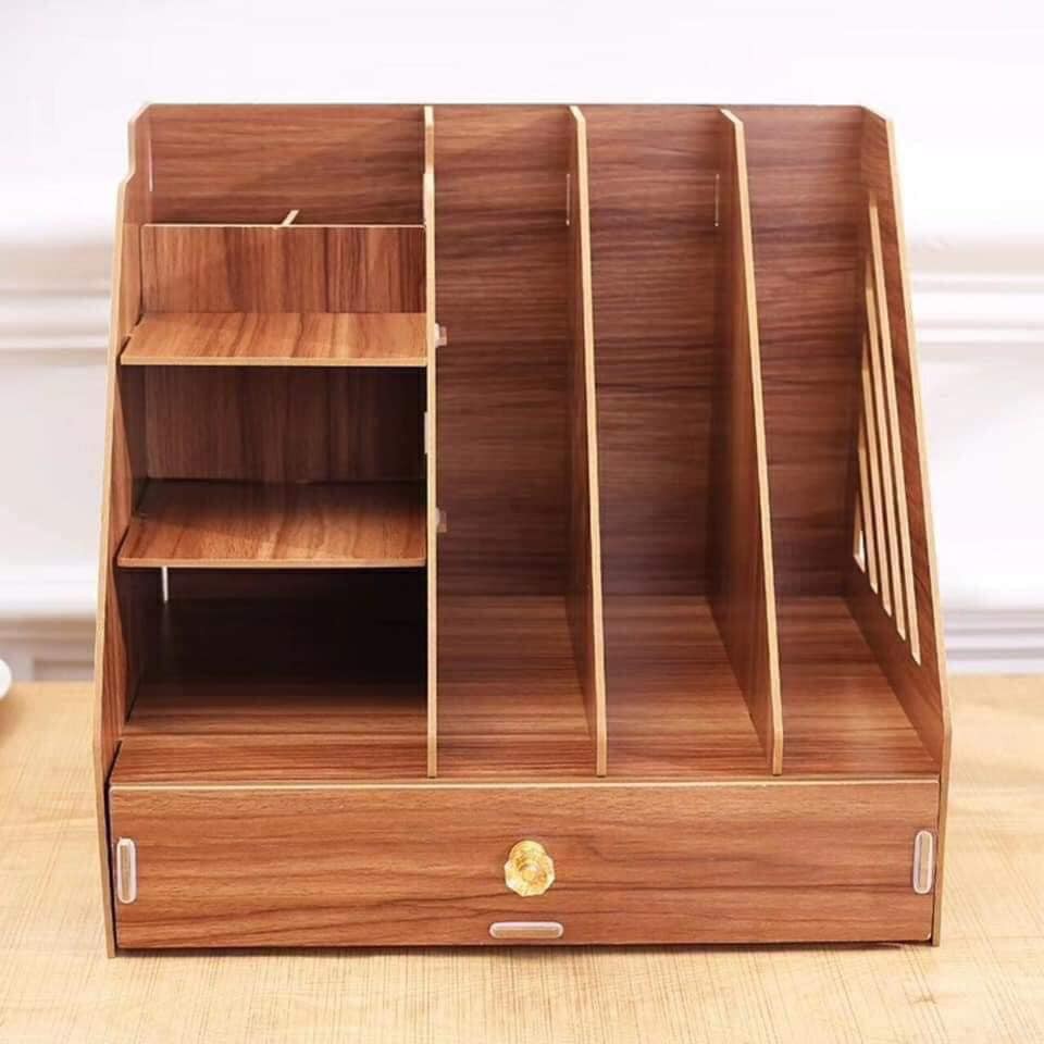 Kệ sách gỗ mini để bàn, Giá để tài liệu văn phòng bằng gỗ kèm ngăn kéo cho không gian làm việc gọn gàng ngăn nắp