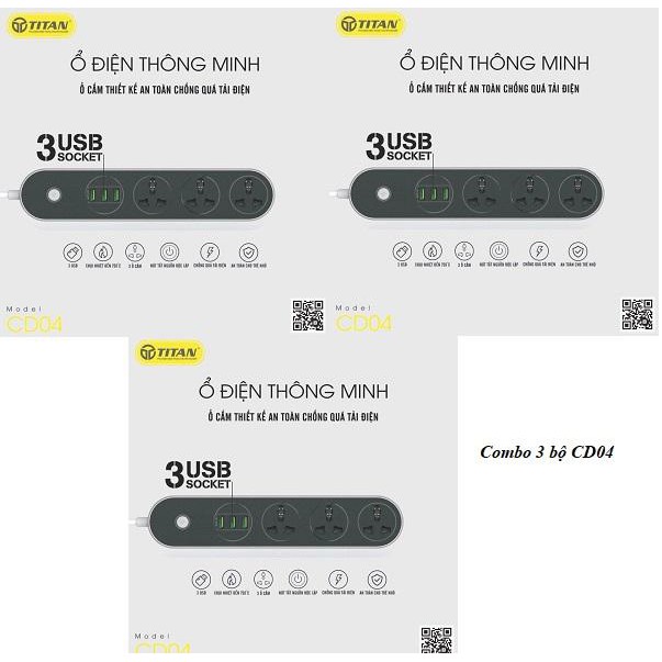 Combo Bộ 3 Ổ Cắm Điện Thông Minh TITAN 3 Cổng Cắm Điện 3 Cổng USB - CD04